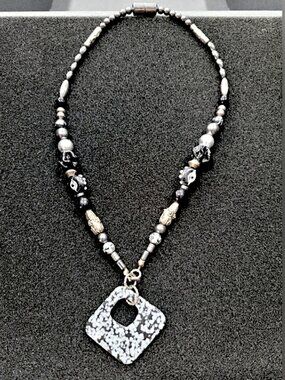 Metallic Hematite Necklace and Pendant with Smokey Black Silver Beads